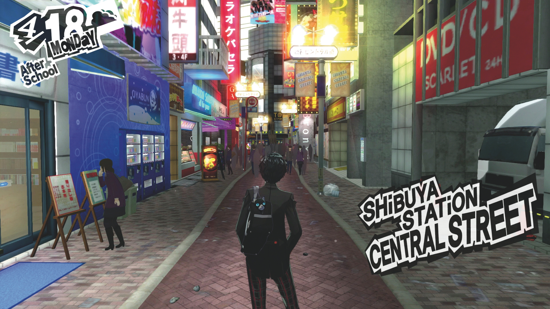 O captura de ecran de pe o strada comerciala aglomerata din Persona 5, unul dintre cele mai bune jocuri PS4 ale noastre