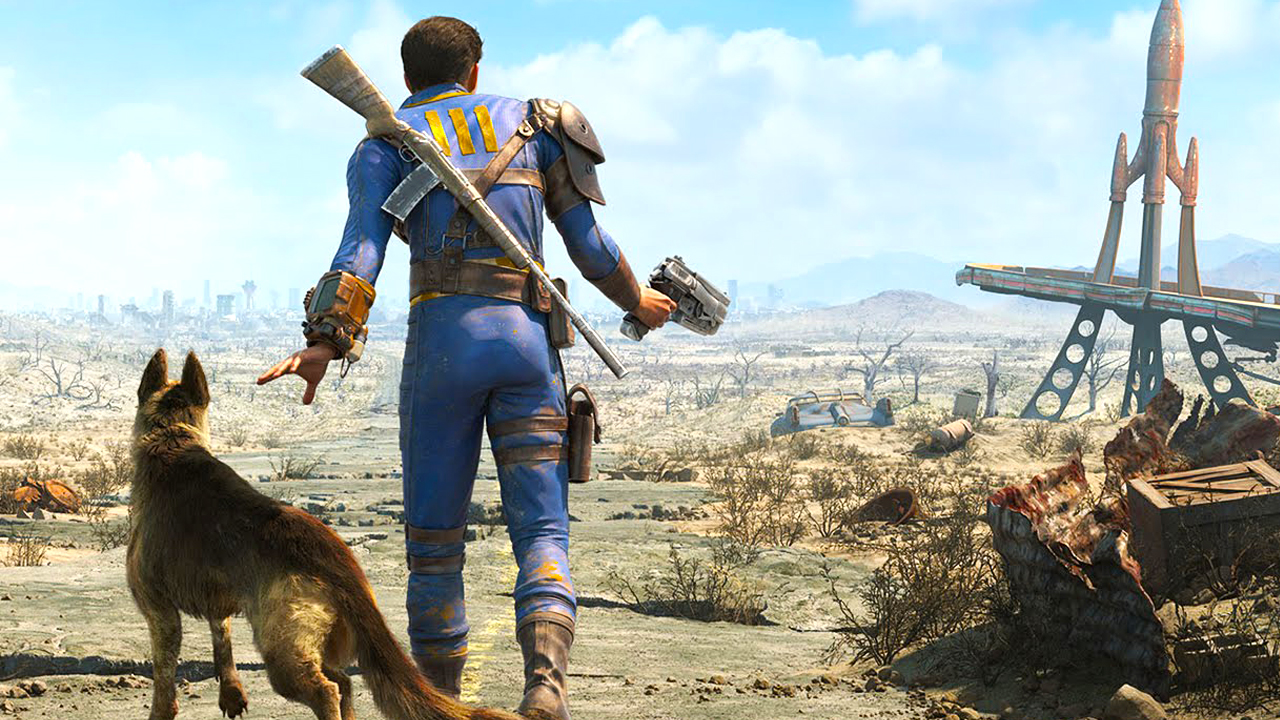 Personajul jucatorului cu Dogmeat in Fallout 4, unul dintre cele mai bune jocuri PS4 ale noastre